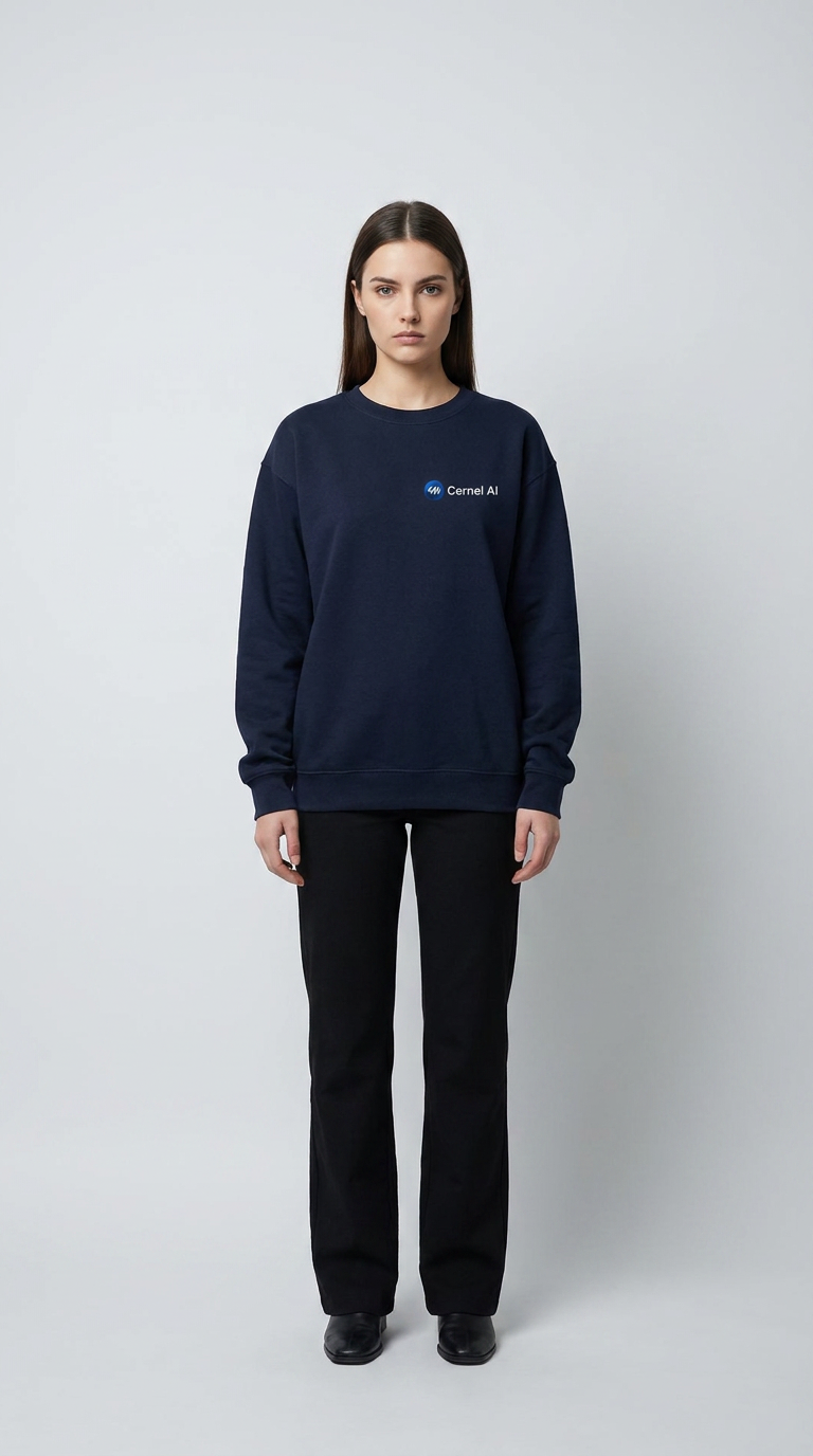 Kvinde i mørkeblå sweatshirt med Cernel AI-logo og sorte bukser mod en enkel, lys baggrund.