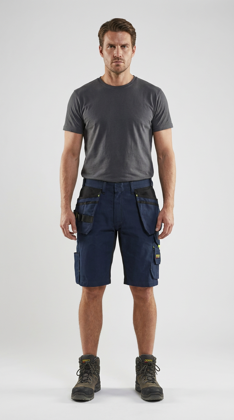 Mand i grå t-shirt, mørkeblå arbejdsshorts med værktøjslommer og robuste arbejdsstøvler.