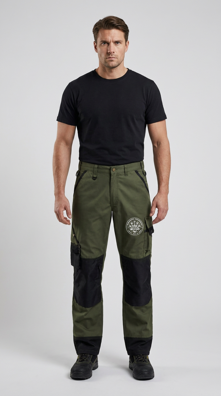 Mand i sort t-shirt og olivengrønne arbejdsbukser med sorte forstærkninger mod en grå baggrund.