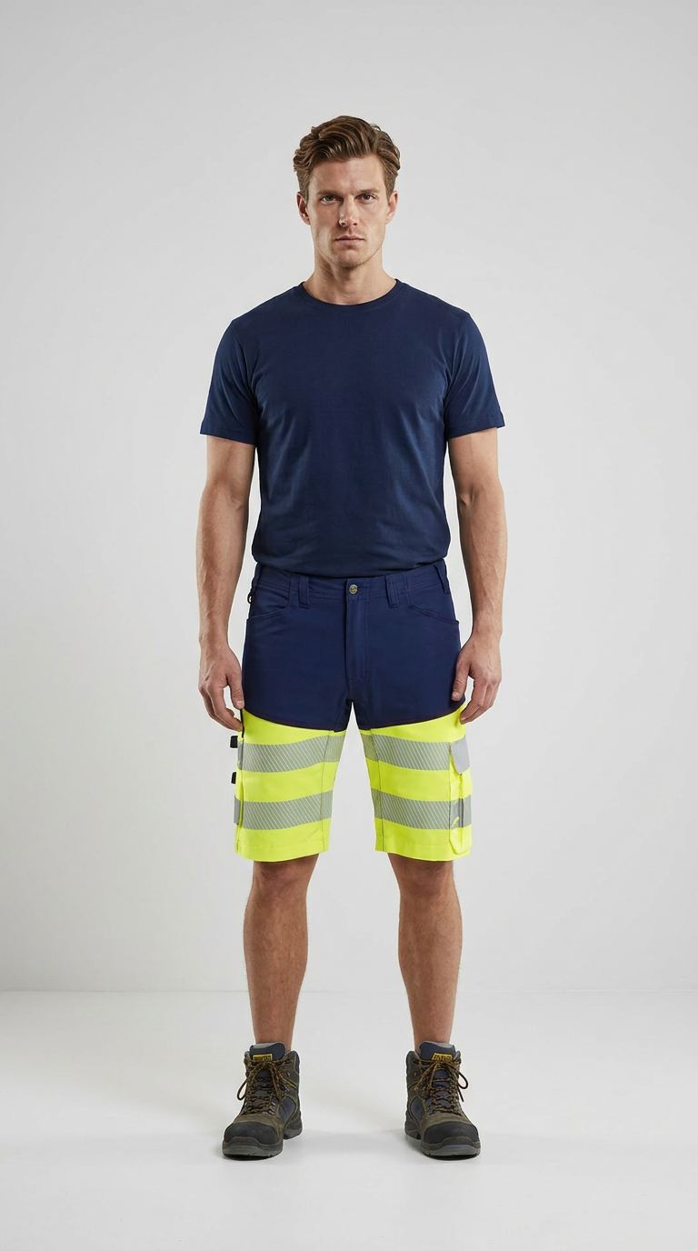 Mand i mørkeblå t-shirt og neon-gule arbejdsshorts med refleksstriber og arbejdsstøvler.