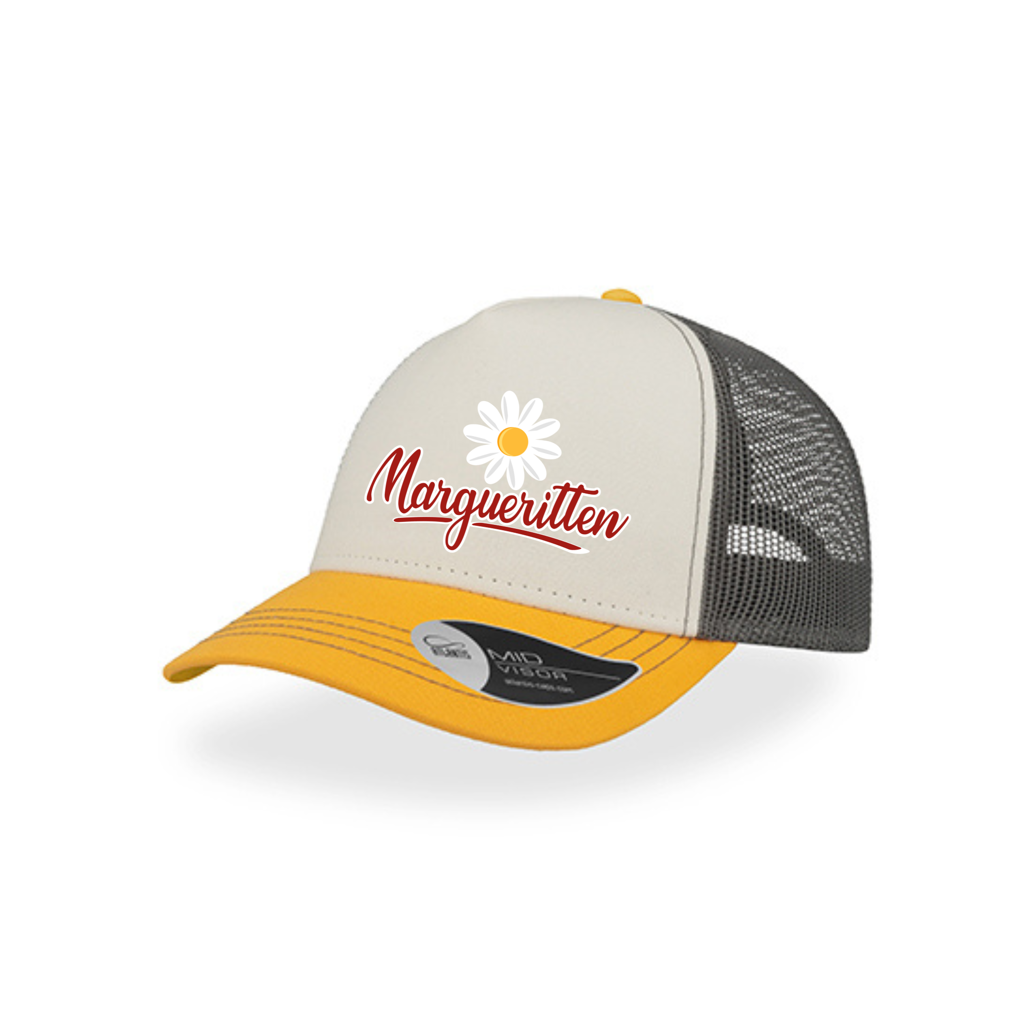 Marguerittens Atlantis AT527 Canvas Cap, White/Gold/Grey med tryk eller logo – arbejdstøj og firmatøj