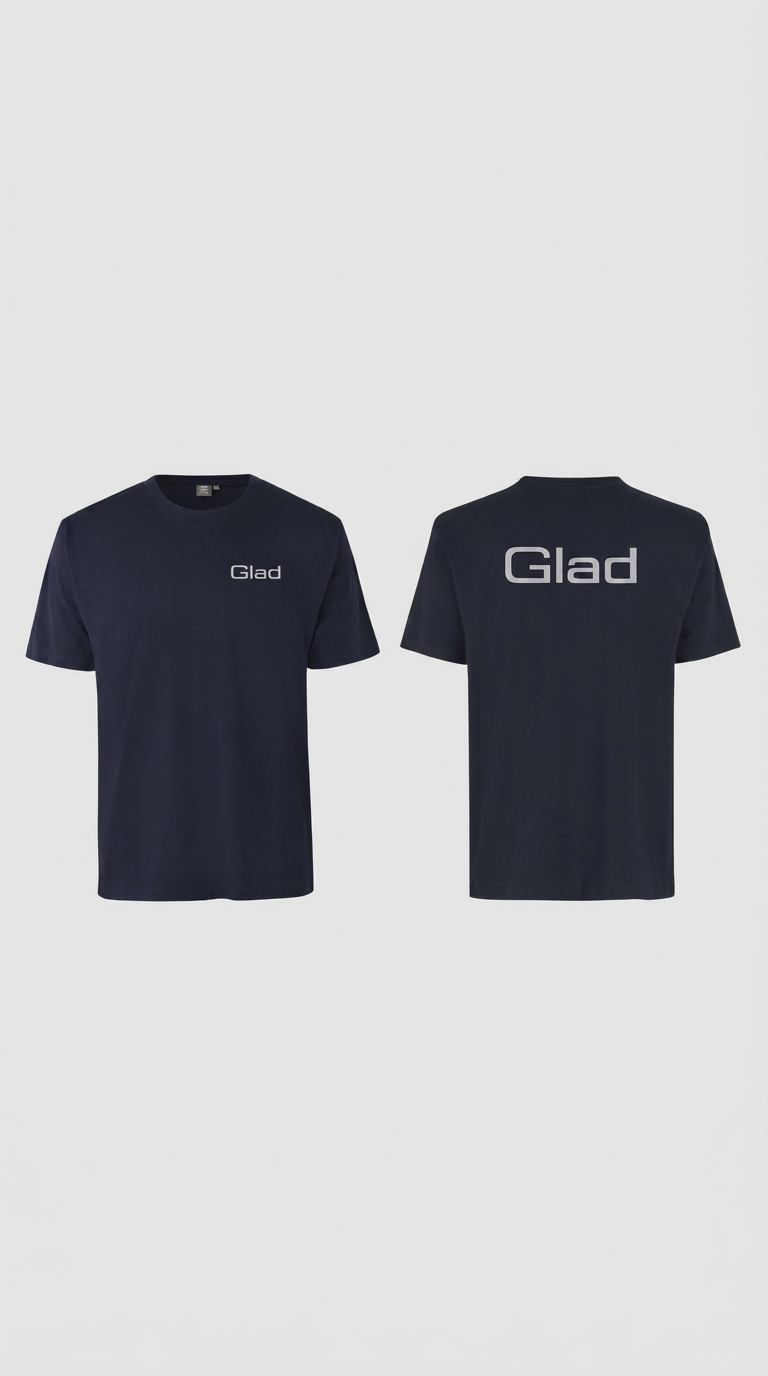 Mørkeblå t-shirt set forfra og bagfra med teksten 'Glad' trykt i gråt på brystet og ryggen.