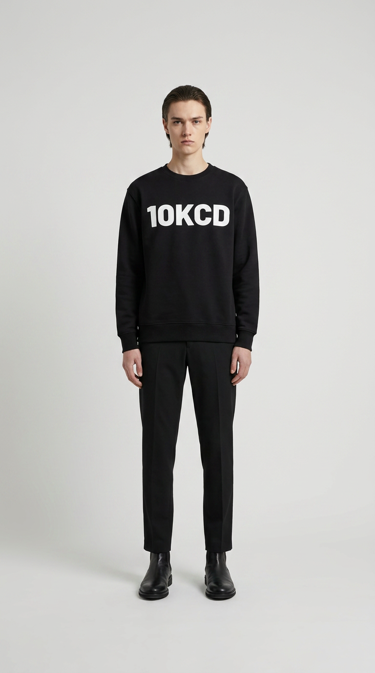 Mand i sort sweatshirt med hvidt 10KCD-print, sorte bukser og støvler mod en lys baggrund.