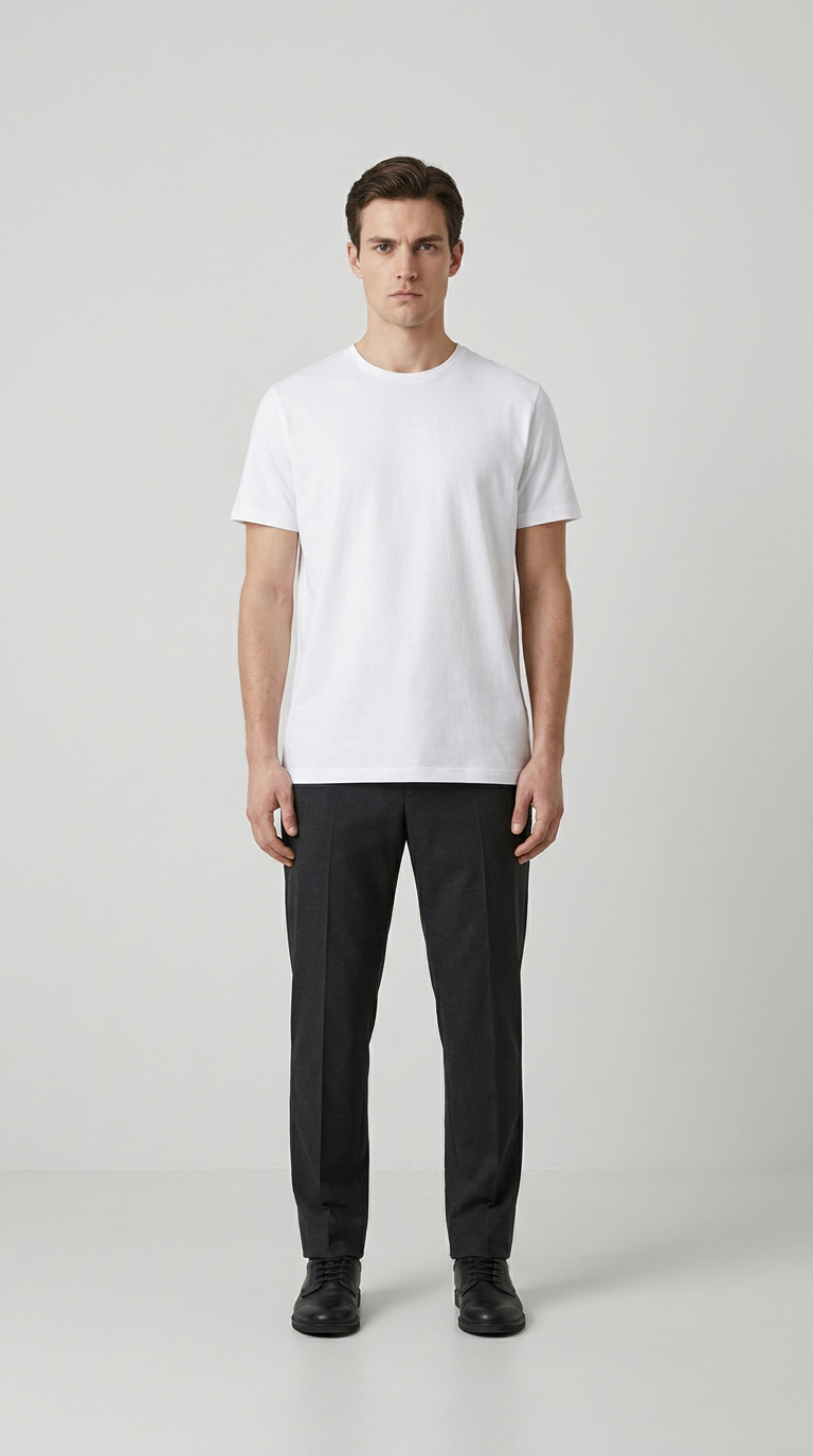 Mand i hvid t-shirt og mørkegrå bukser stående foran en grå baggrund.
