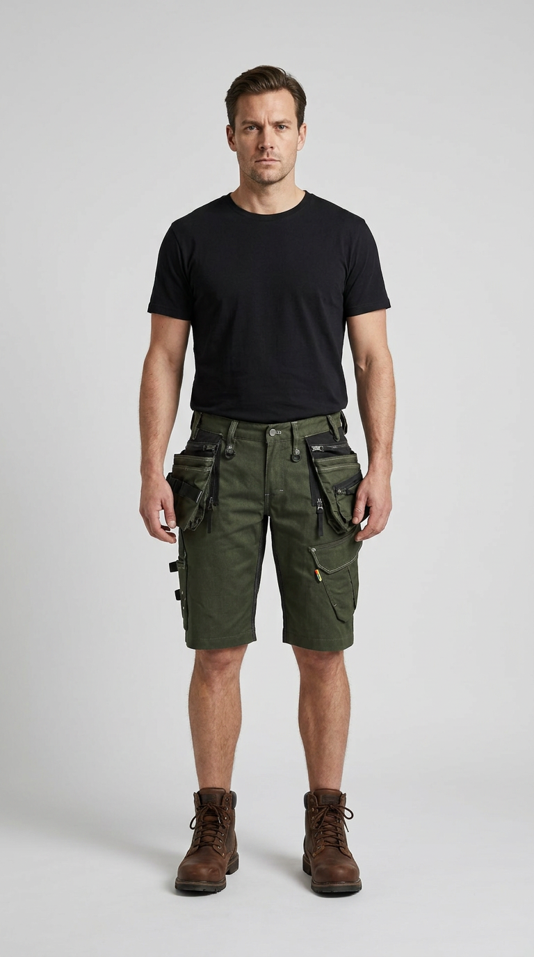 Mand i sort t-shirt, grønne arbejdsshorts med lommer og brune støvler mod en hvid baggrund.