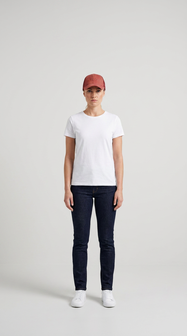 Kvinde iført hvid t-shirt, mørkeblå jeans og rødbrun kasket mod en enkel, lys baggrund.