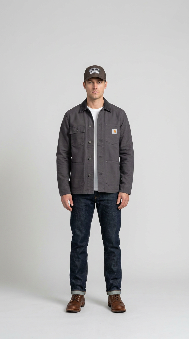 Mand iført grå Carhartt-jakke, mørkeblå jeans, brune støvler og kasket mod en neutral baggrund.