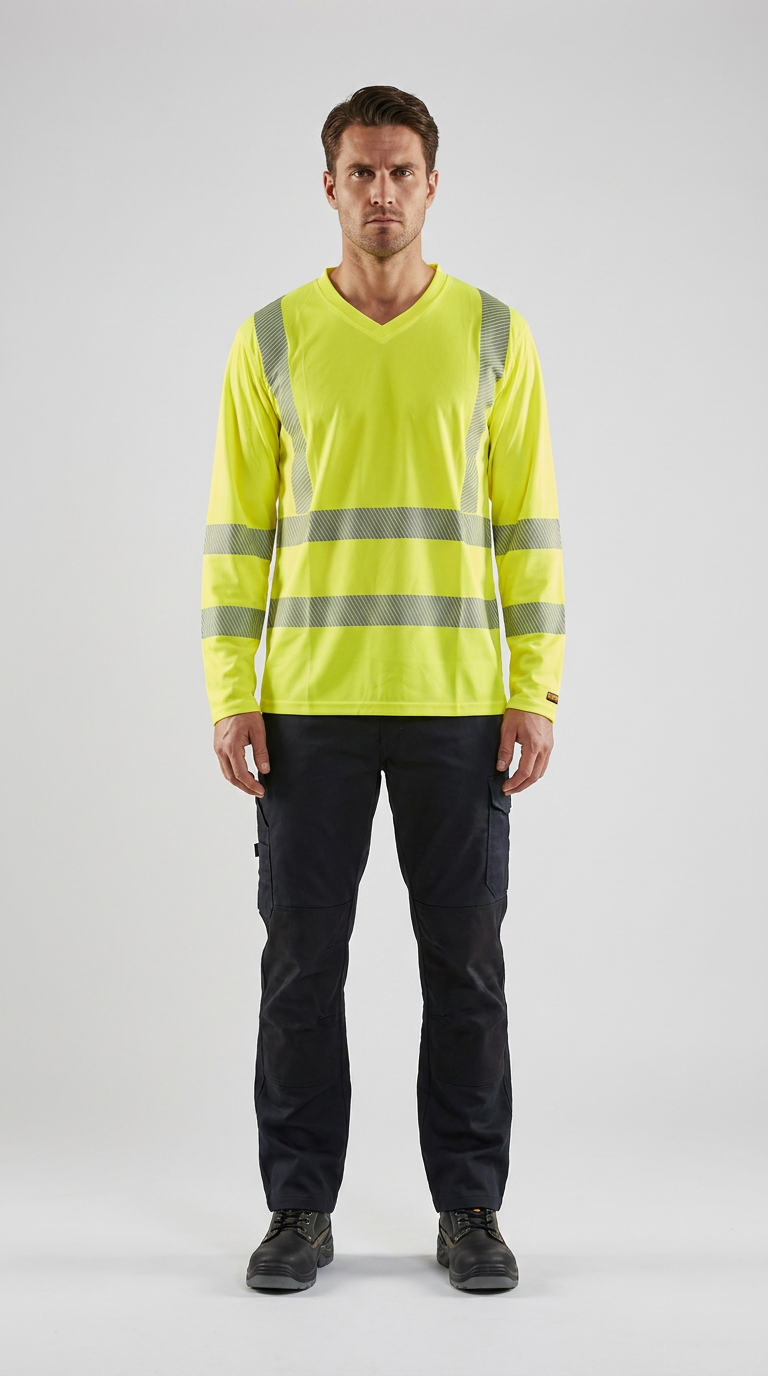 Mand i langærmet fluorescerende gul t-shirt med refleksstriber og mørke arbejdsbukser.