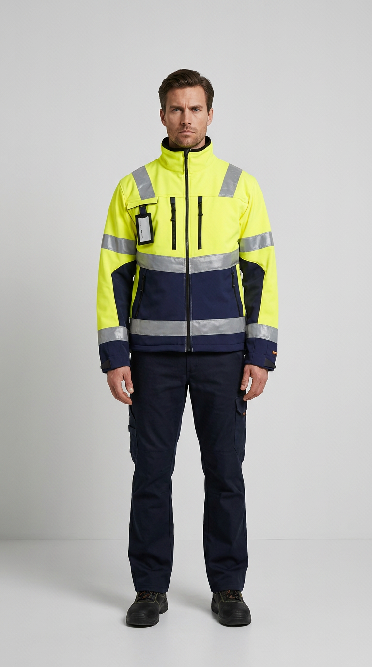 Mand i gul og mørkeblå sikkerhedsjakke med reflekser og matchende arbejdsbukser mod en lys baggrund.