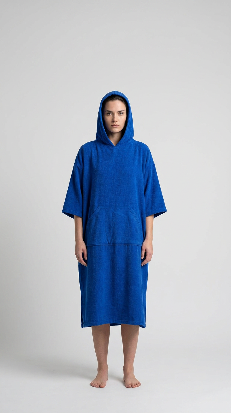 Kvinde iført en blå surfponcho med hætte og forlomme mod en hvid baggrund.