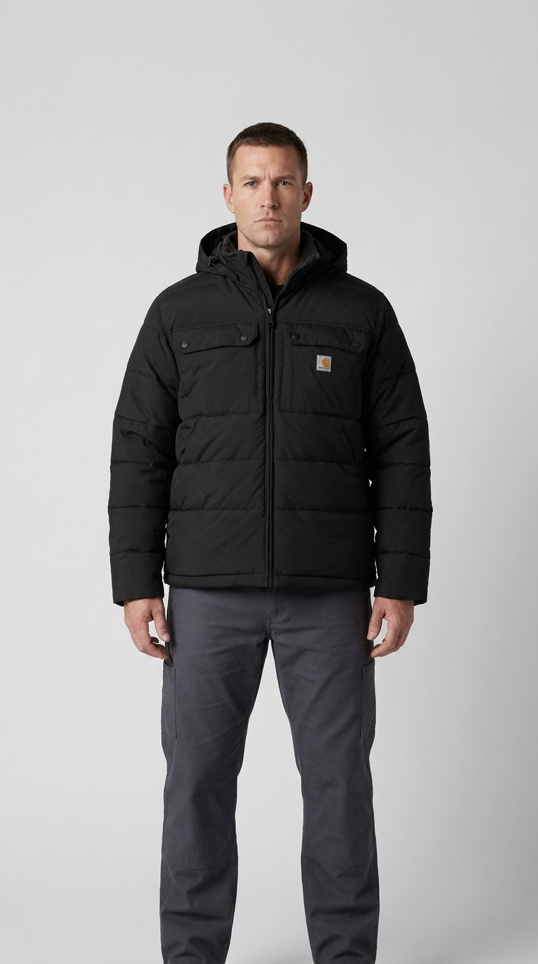 Mand i en sort Carhartt-jakke med hætte og grå arbejdsbukser mod en hvid baggrund.
