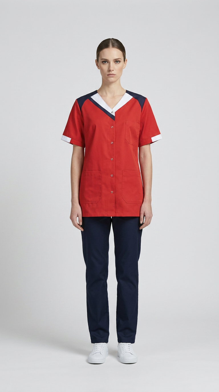 Kvinde iført rød uniformstunika med hvide detaljer, mørkeblå bukser og hvide sneakers.