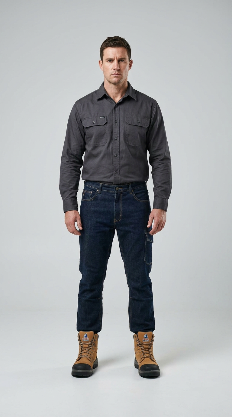 Mand i grå arbejdsskjorte, mørkeblå jeans og brune arbejdsstøvler mod en lys baggrund.