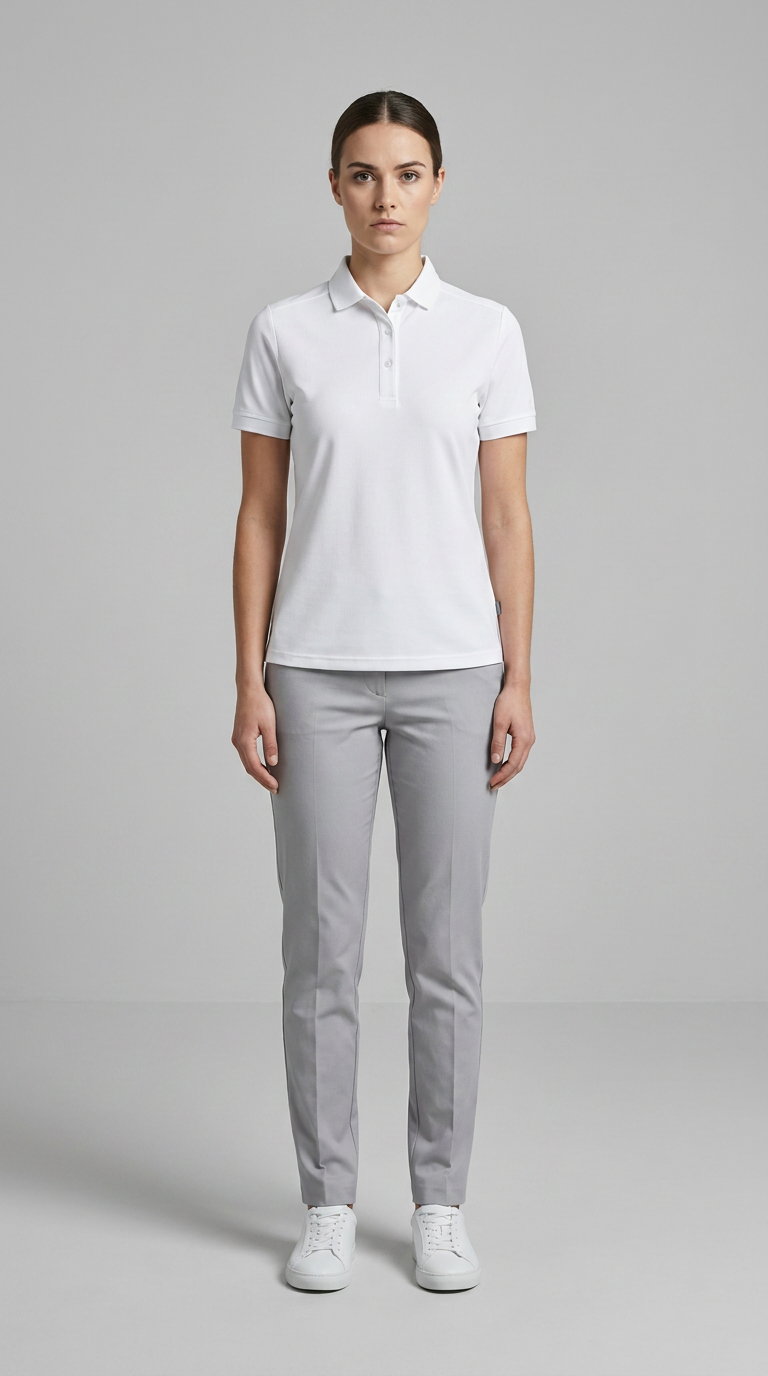 Kvinde i hvid polo shirt, grå bukser og hvide sneakers foran en grå baggrund.