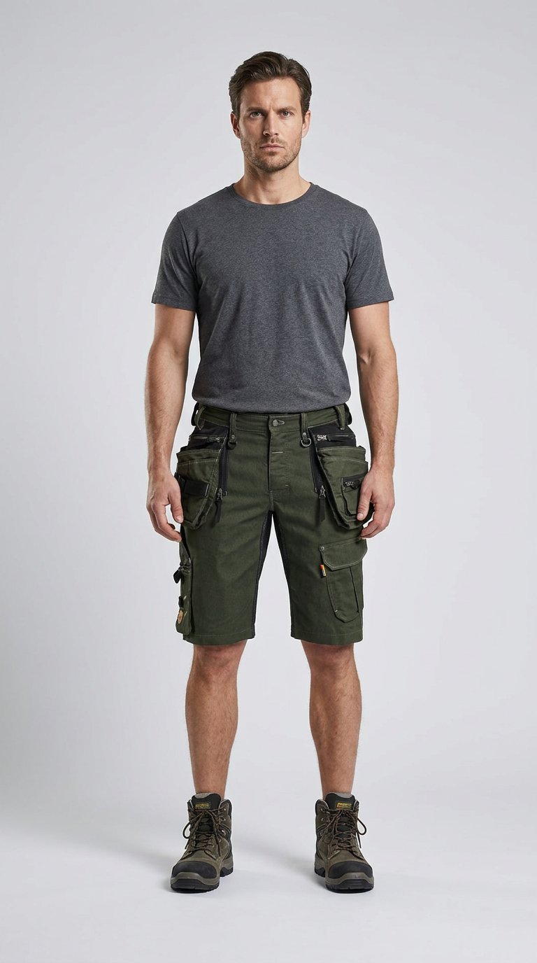 Mand i grå t-shirt og grønne arbejdsshorts med mange lommer og støvler mod en lys baggrund.