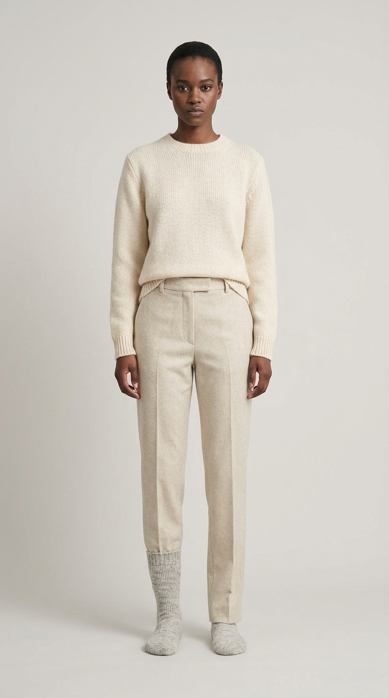 Kvinde i cremehvid striktrøje, beige bukser og grå sokker mod en neutral baggrund.