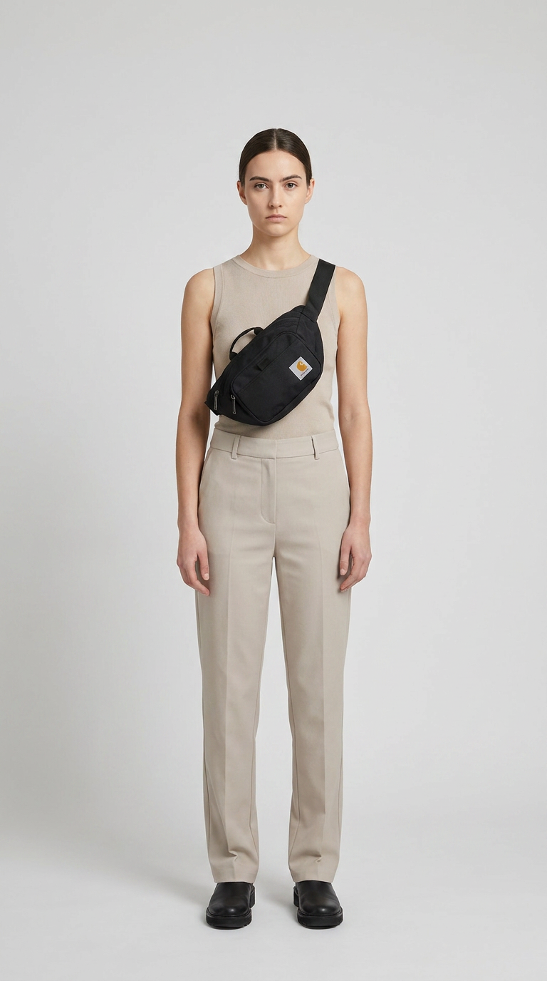 Kvinde i beige tøj med en sort Carhartt WIP-bæltetaske over brystet mod en grå baggrund.