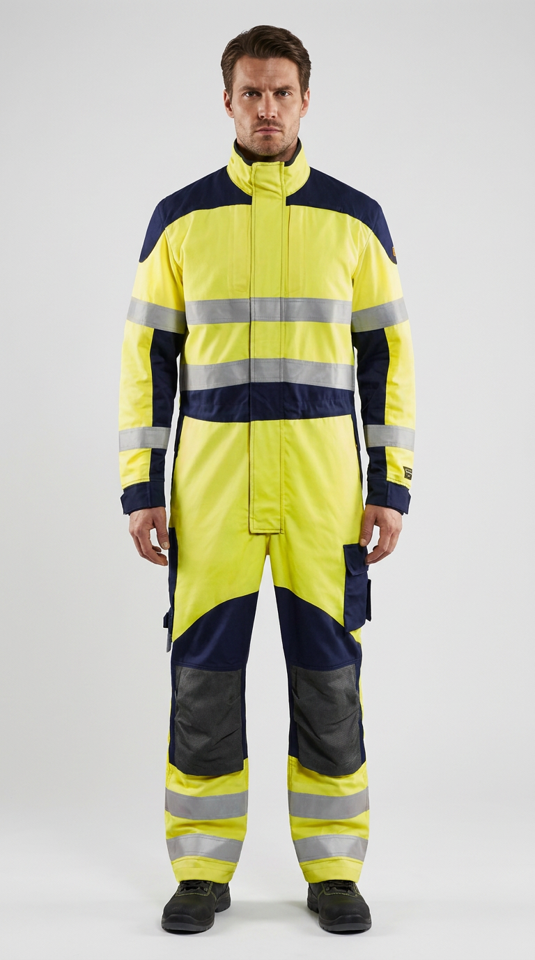 Mand i gul og mørkeblå high-visibility heldragt med refleksstriber mod en grå baggrund.