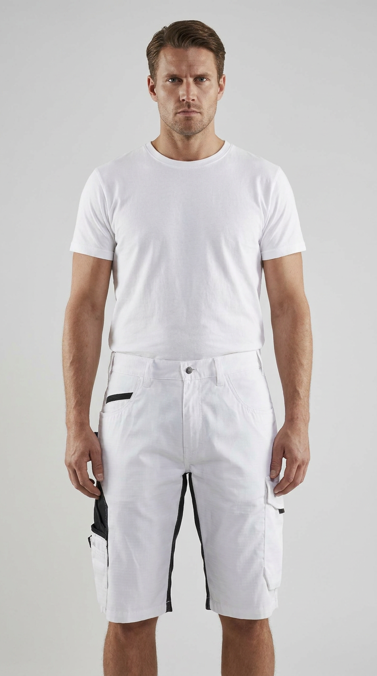 Mand iført hvid t-shirt og hvide arbejdsshorts med sorte detaljer foran en lys baggrund.