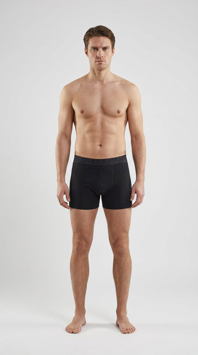 Mand i sorte Blåkläder boxershorts mod en hvid baggrund.