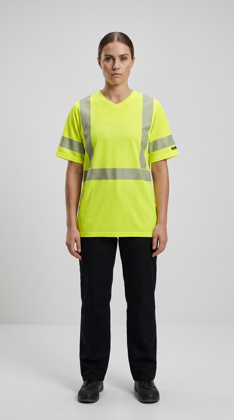 Kvinde iført en neongul t-shirt med refleksstriber og sorte arbejdsbukser.