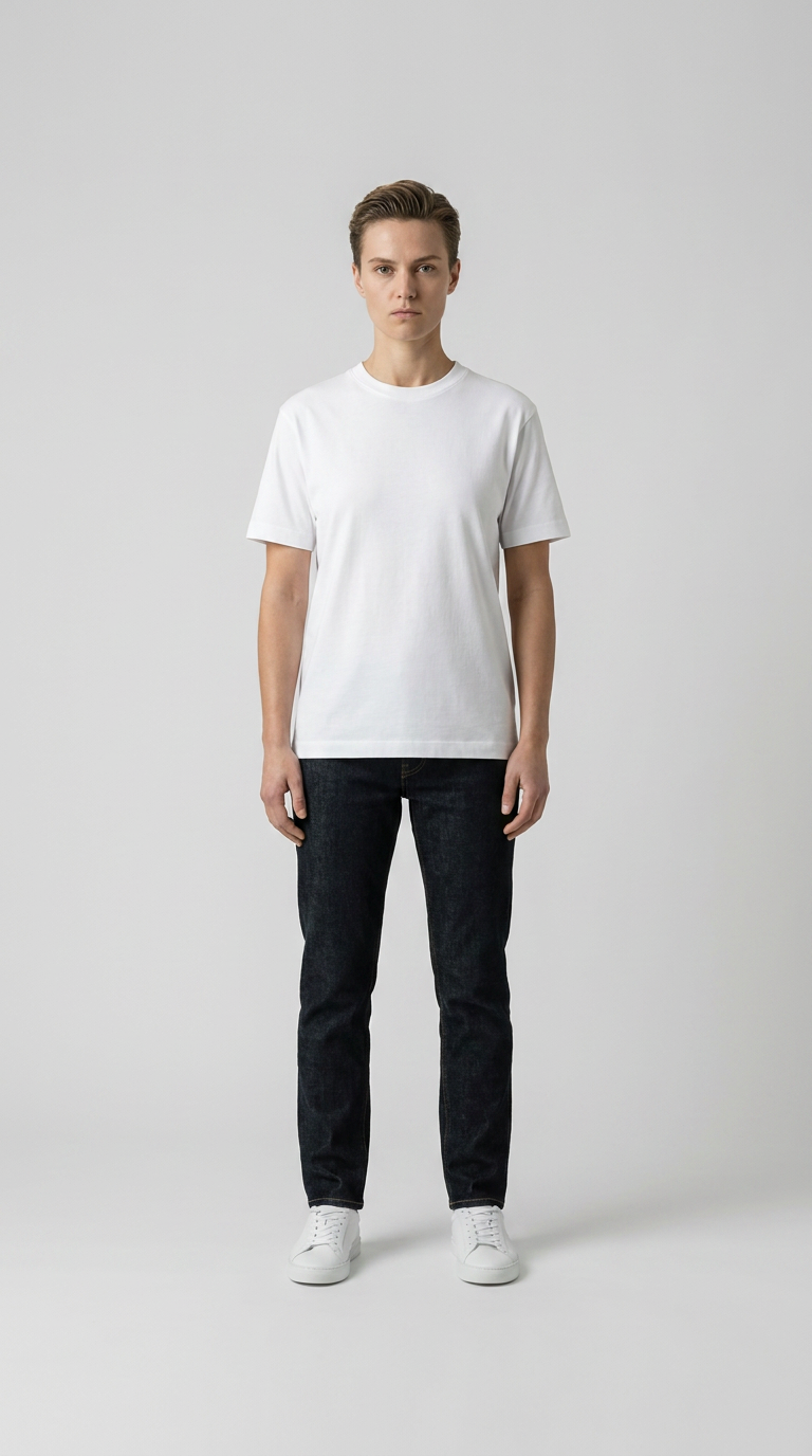 Model i hvid t-shirt, mørke jeans og hvide sneakers på en grå baggrund.