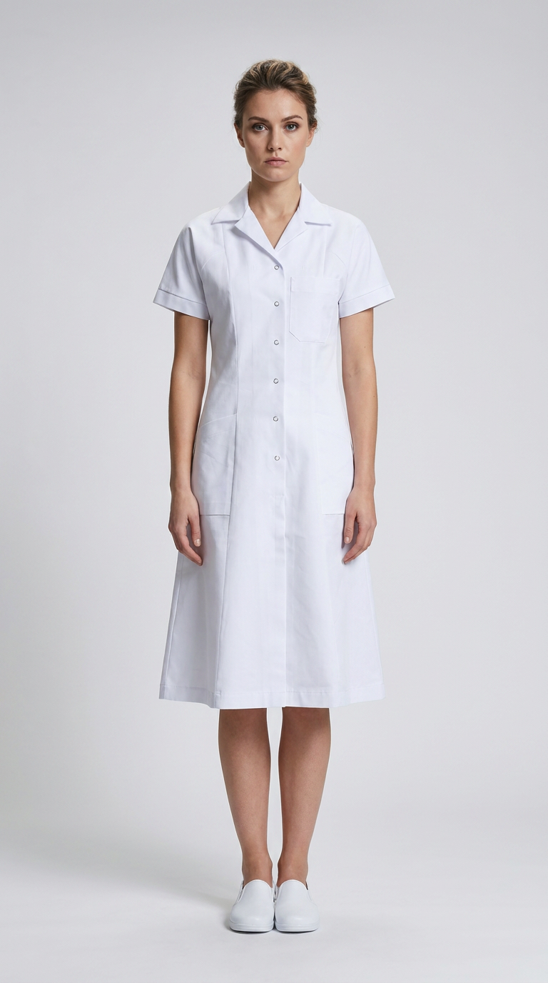 Kvinde i hvid, kortærmet medicinsk uniformskjole og hvide sko mod en lys, neutral baggrund.
