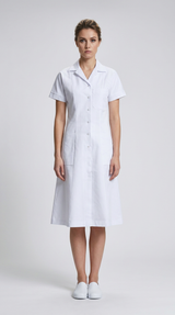 Kvinde i hvid, kortærmet medicinsk uniformskjole og hvide sko mod en lys, neutral baggrund.