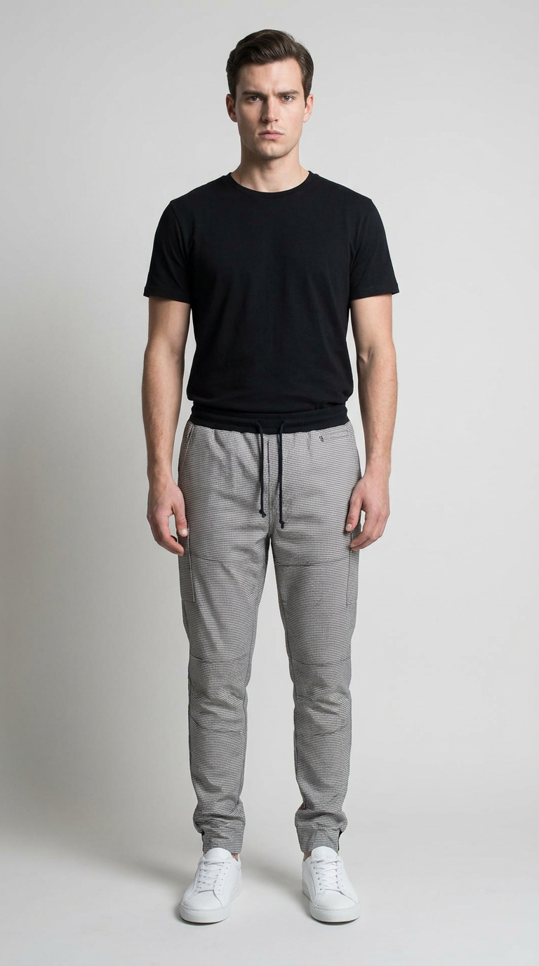 Mand i sort t-shirt og gråmønstrede bukser med hvide sneakers foran en lys baggrund.