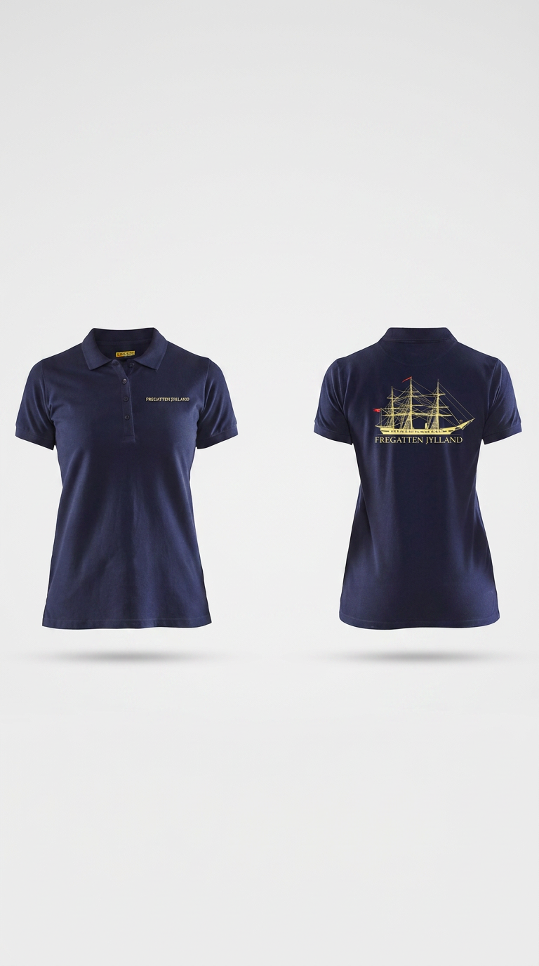 Mørkeblå polo shirt med Fregatten Jylland-logo og sejlskibsmotiv, vist forfra og bagfra på grå baggrund.
