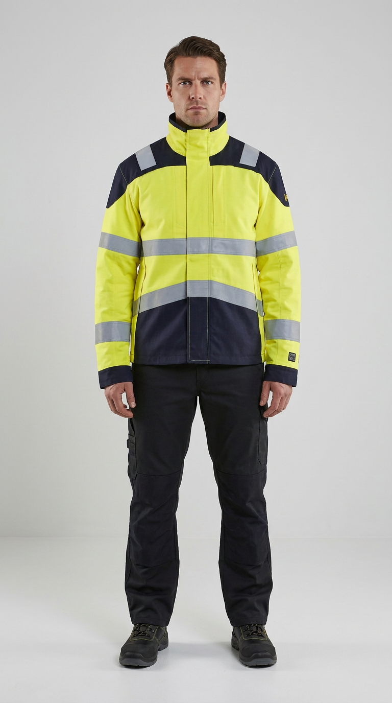 Mand i gul og mørkeblå high-vis arbejdsjakke med refleksstriber og mørke arbejdsbukser foran en lys baggrund.