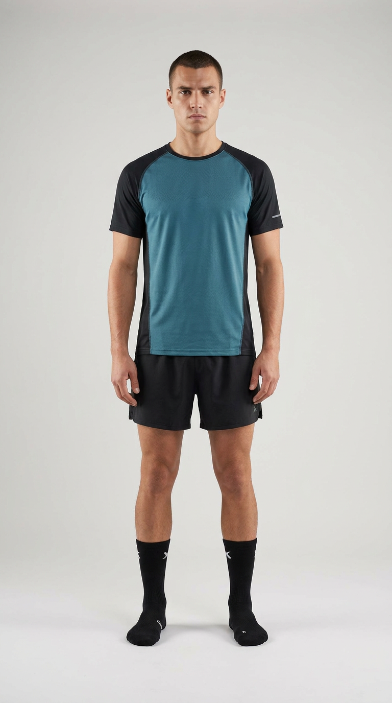 Mand i blågrøn og sort sports-t-shirt, sorte shorts og sorte strømper mod en lys baggrund.