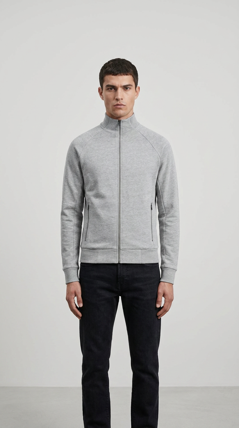 Mand i grå sweatshirt med lynlås og sorte jeans mod en lys baggrund.