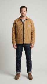 Mand i brun Carhartt-arbejdsjakke, mørkeblå jeans og brune læderstøvler på en grå baggrund.