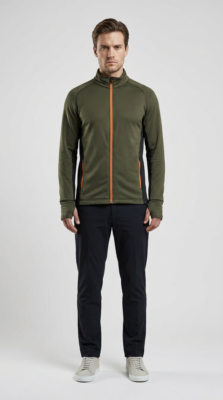 Mand i olivengrøn jakke med orange lynlås, sorte bukser og hvide sneakers mod en lys baggrund.