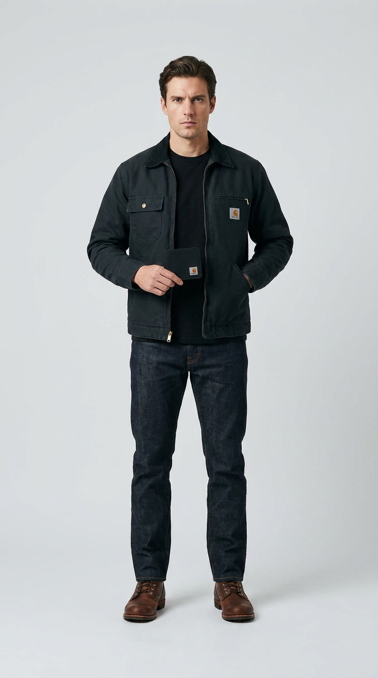 Mand i sort Carhartt-jakke og jeans holder en sort tegnebog mod en lys baggrund.