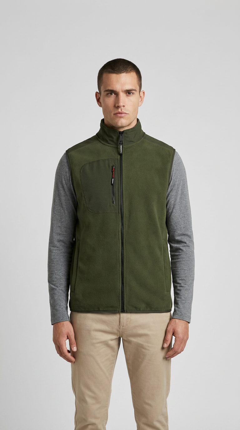 Mand i grøn fleecevest, grå langærmet trøje og beige bukser mod en lys grå baggrund.