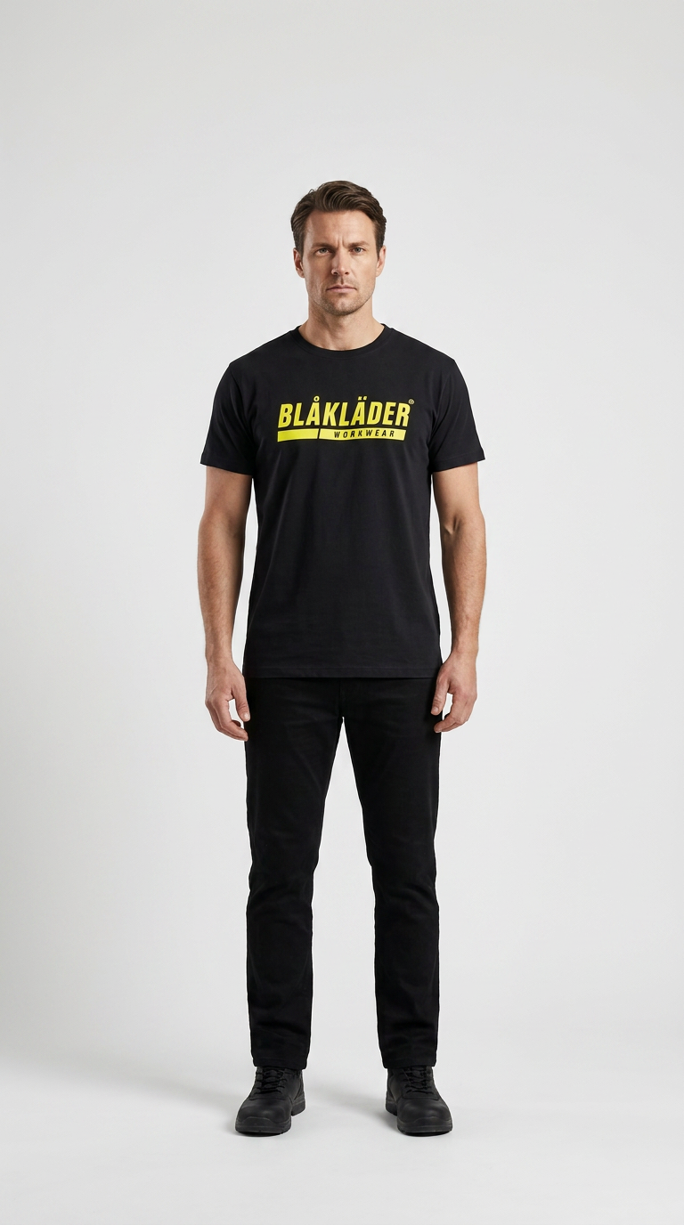 Mand i sort Blåkläder t-shirt og sorte bukser stående mod en hvid baggrund.