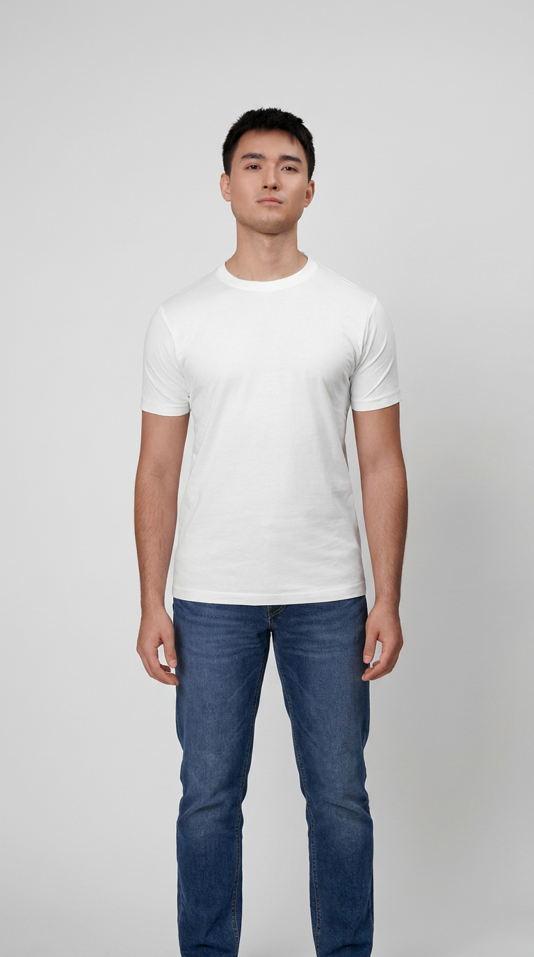 Mand i hvid t-shirt og blå jeans stående foran en lys grå baggrund.