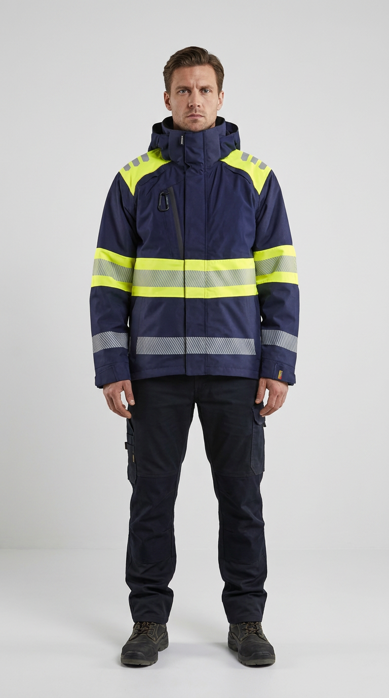 Mand i mørkeblå high-visibility jakke med gule striber og reflekser samt mørke arbejdsbukser.