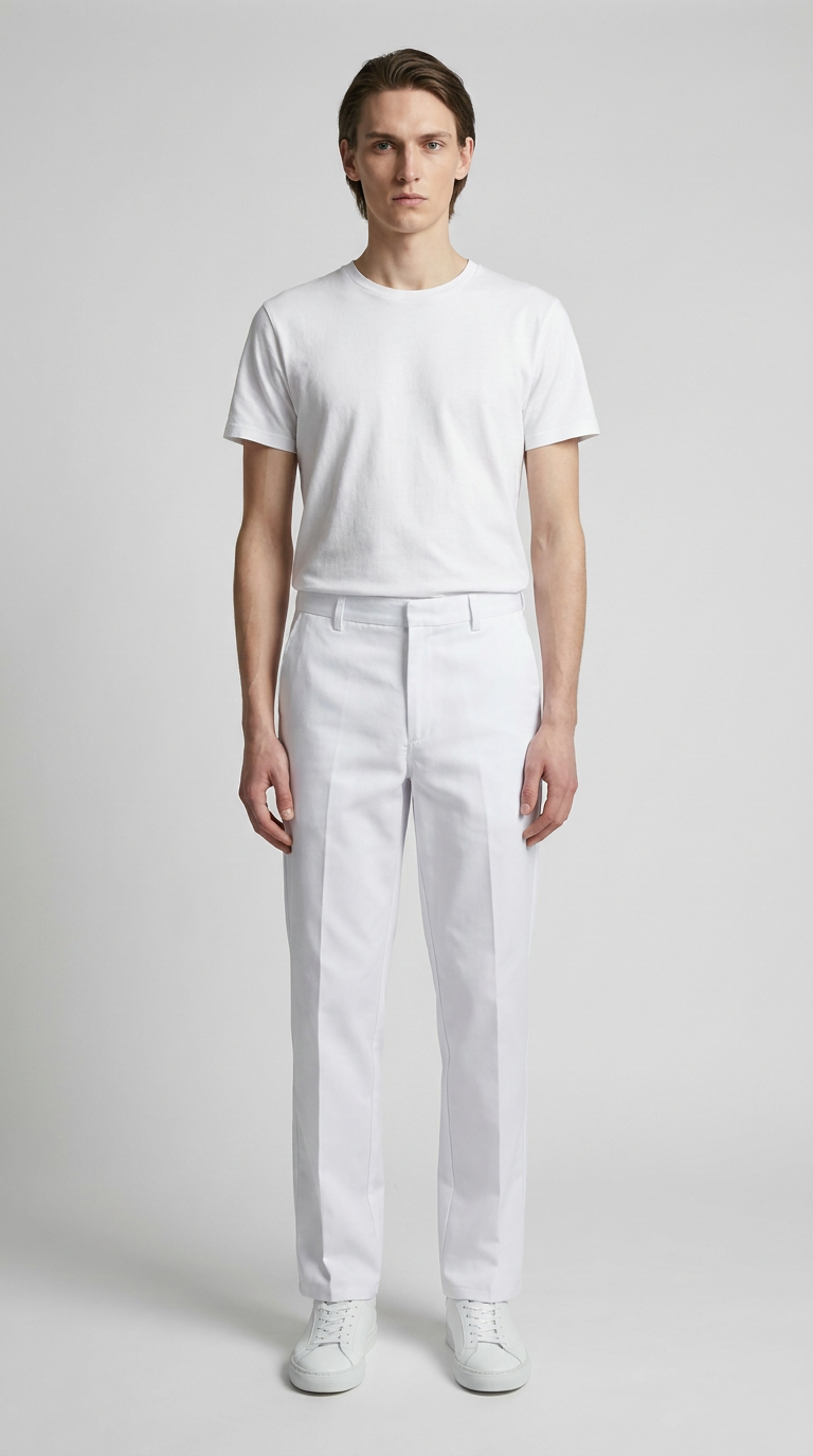 Mand i hvid t-shirt, hvide bukser og hvide sneakers mod en grå baggrund.