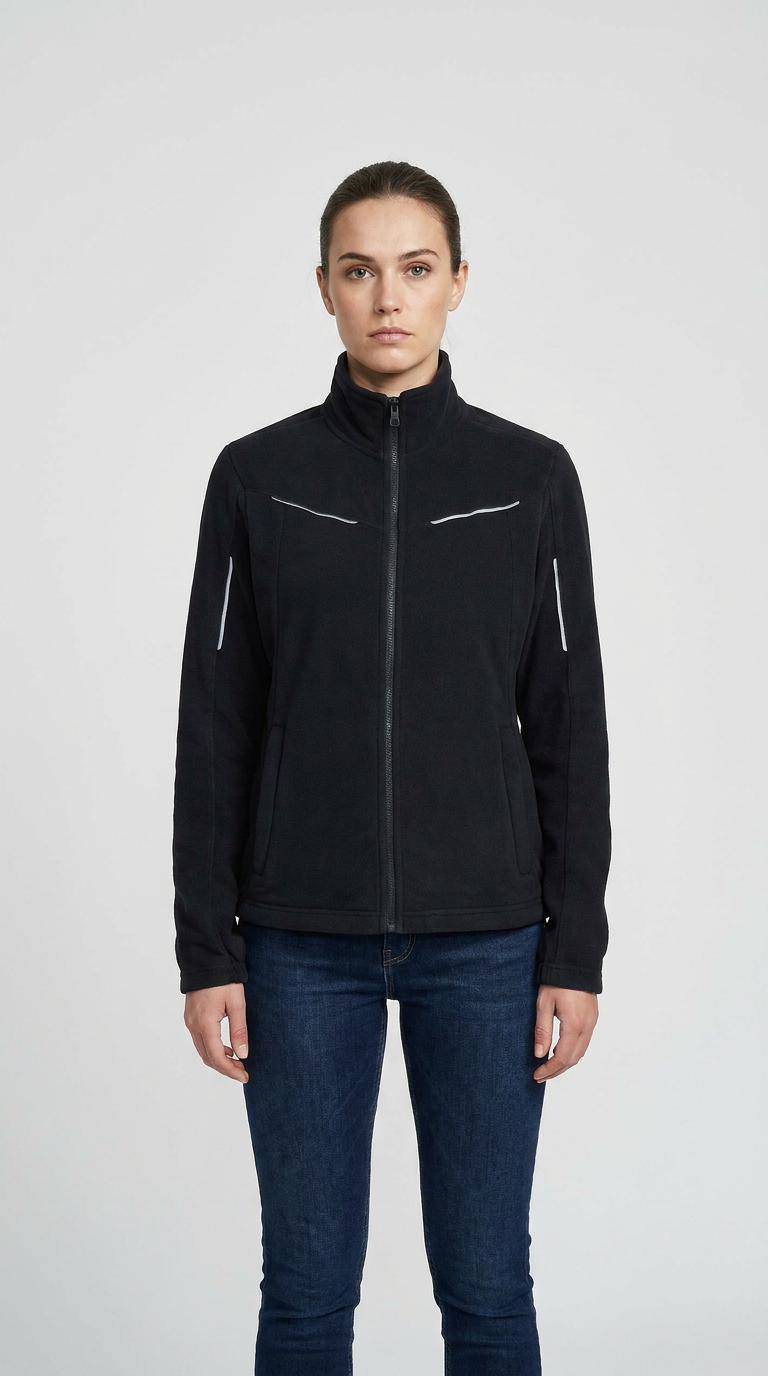 Kvinde i sort fleecejakke med refleksdetaljer og blå jeans på en grå baggrund.