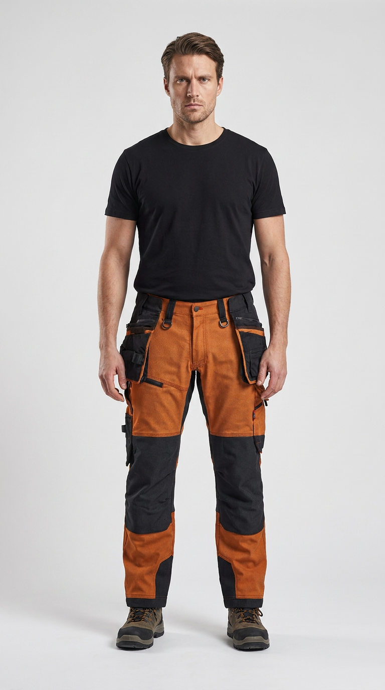 Mand i sort t-shirt og orange og sorte arbejdsbukser med værktøjslommer på en grå baggrund.