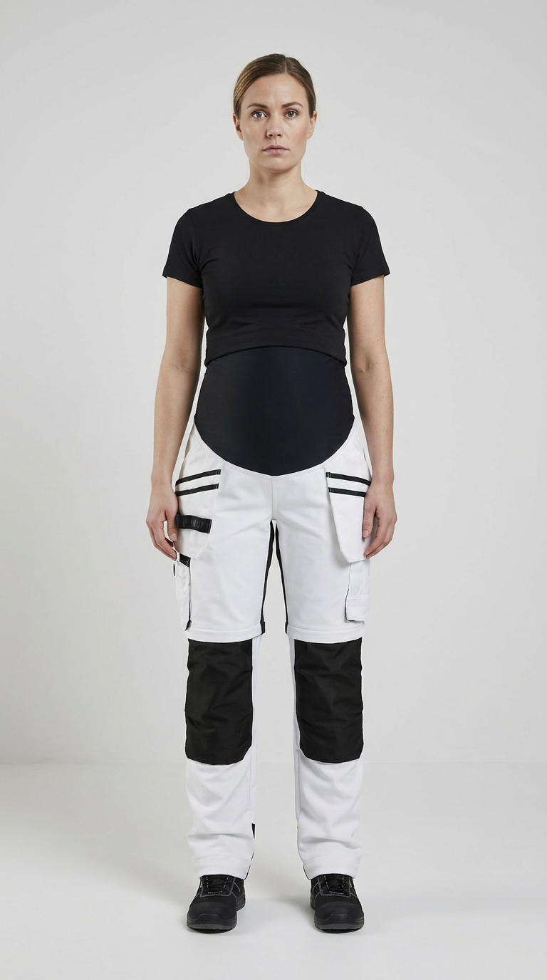 Gravid kvinde i hvide og sorte arbejdsbukser med mavepanel og sort t-shirt foran en lys baggrund.