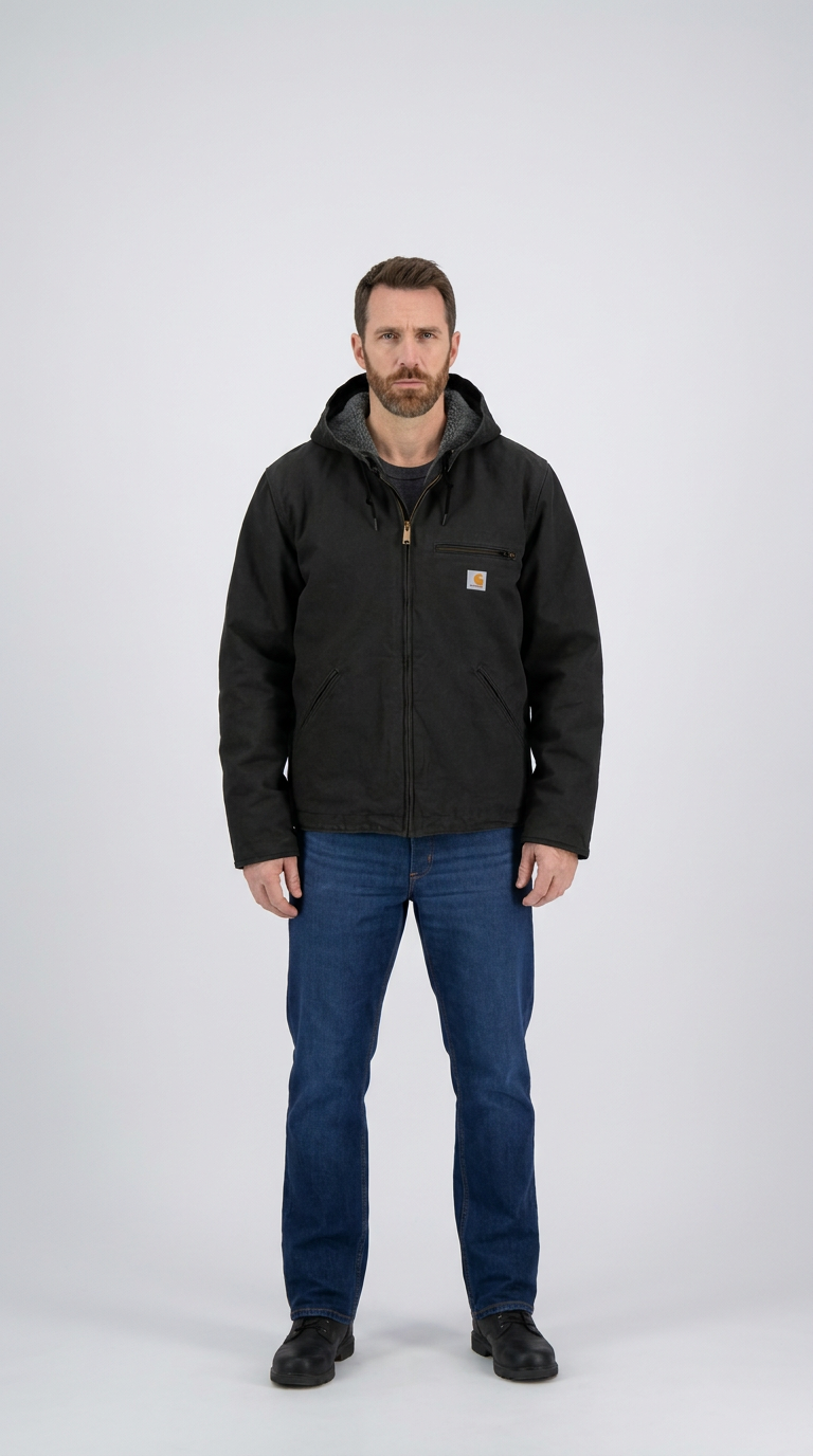 Mand med skæg i sort Carhartt-hættejakke og blå jeans mod en hvid baggrund.