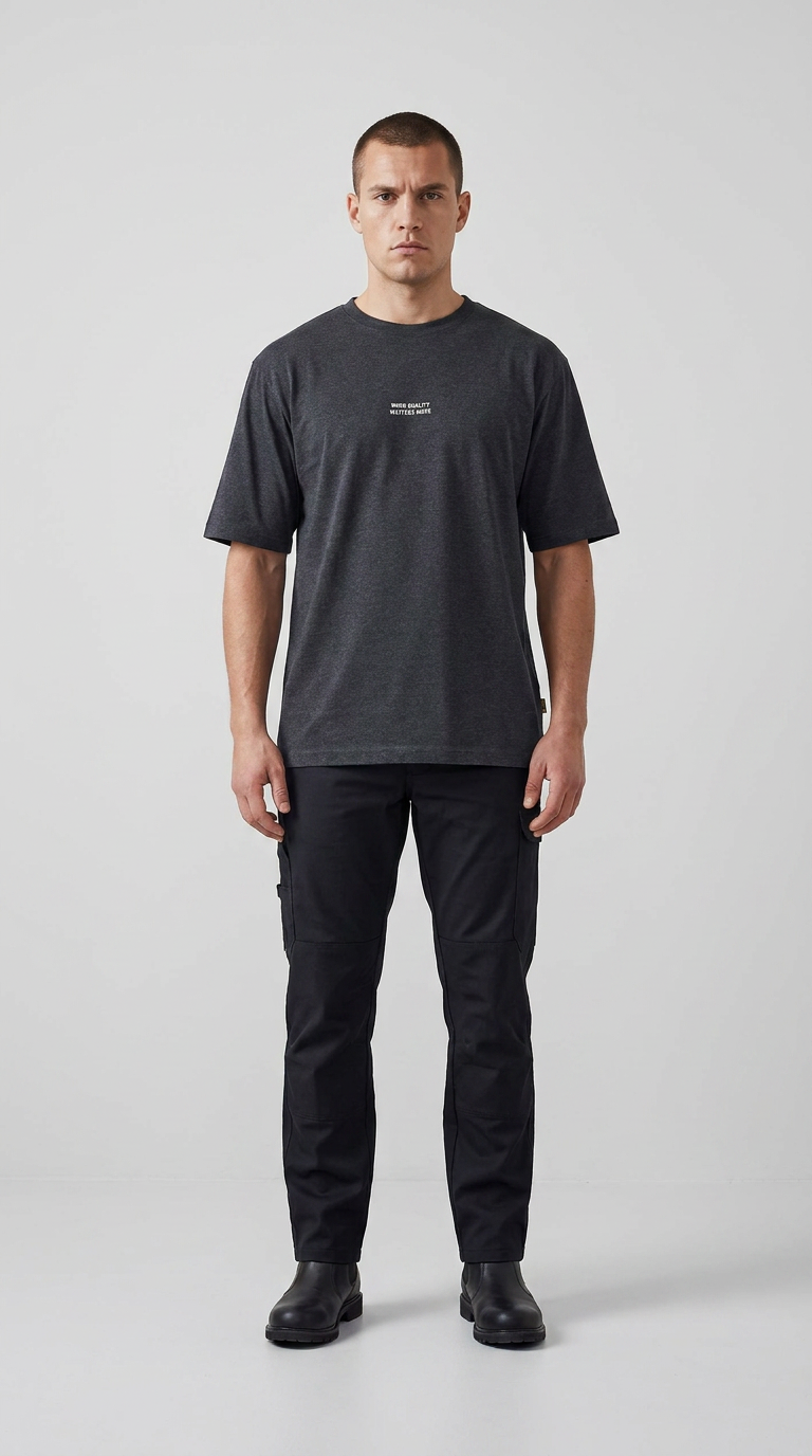 Mand i mørkegrå t-shirt, sorte cargobukser og sorte støvler mod en lys baggrund.