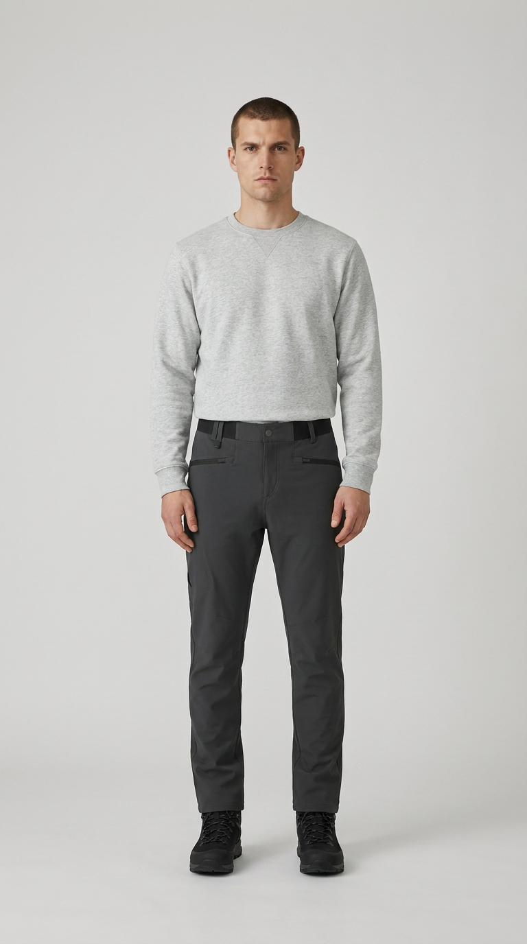 Mand i grå sweatshirt, mørkegrå outdoor-bukser og sorte støvler på en lys baggrund.