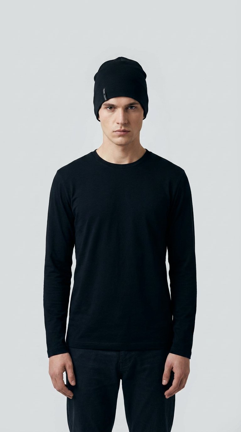 Mand i sort langærmet t-shirt og sort hue mod en neutral grå baggrund.