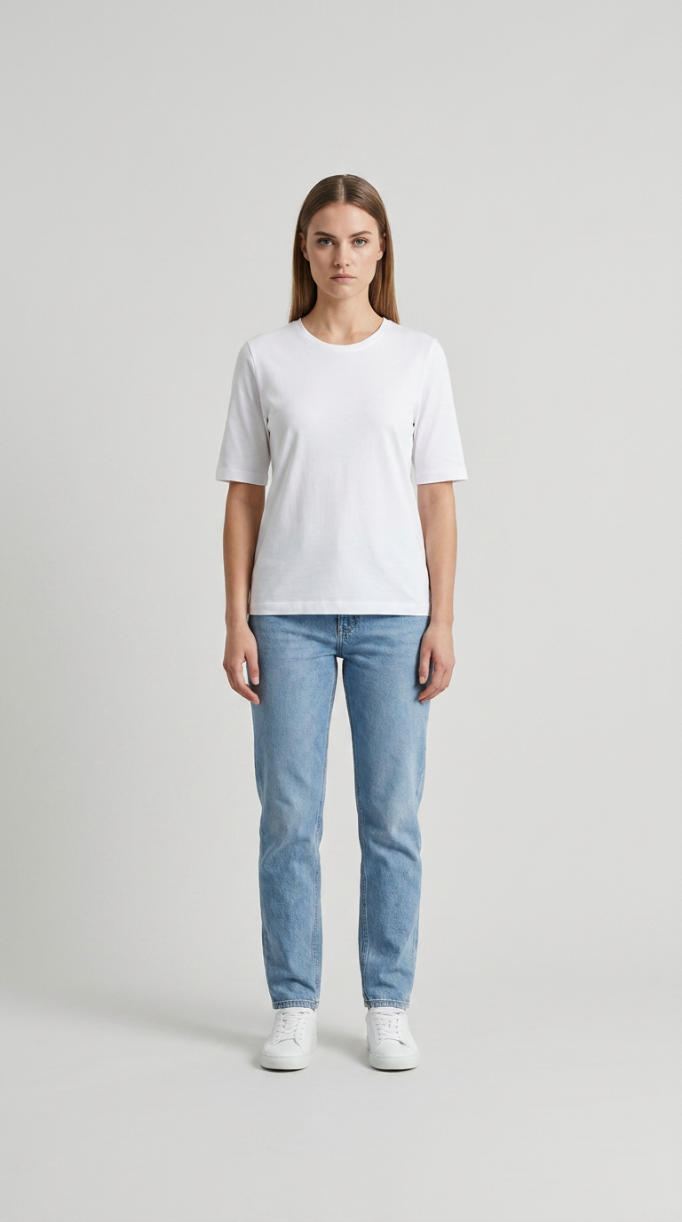 Kvinde i hvid t-shirt og lyseblå jeans stående mod en neutral baggrund.
