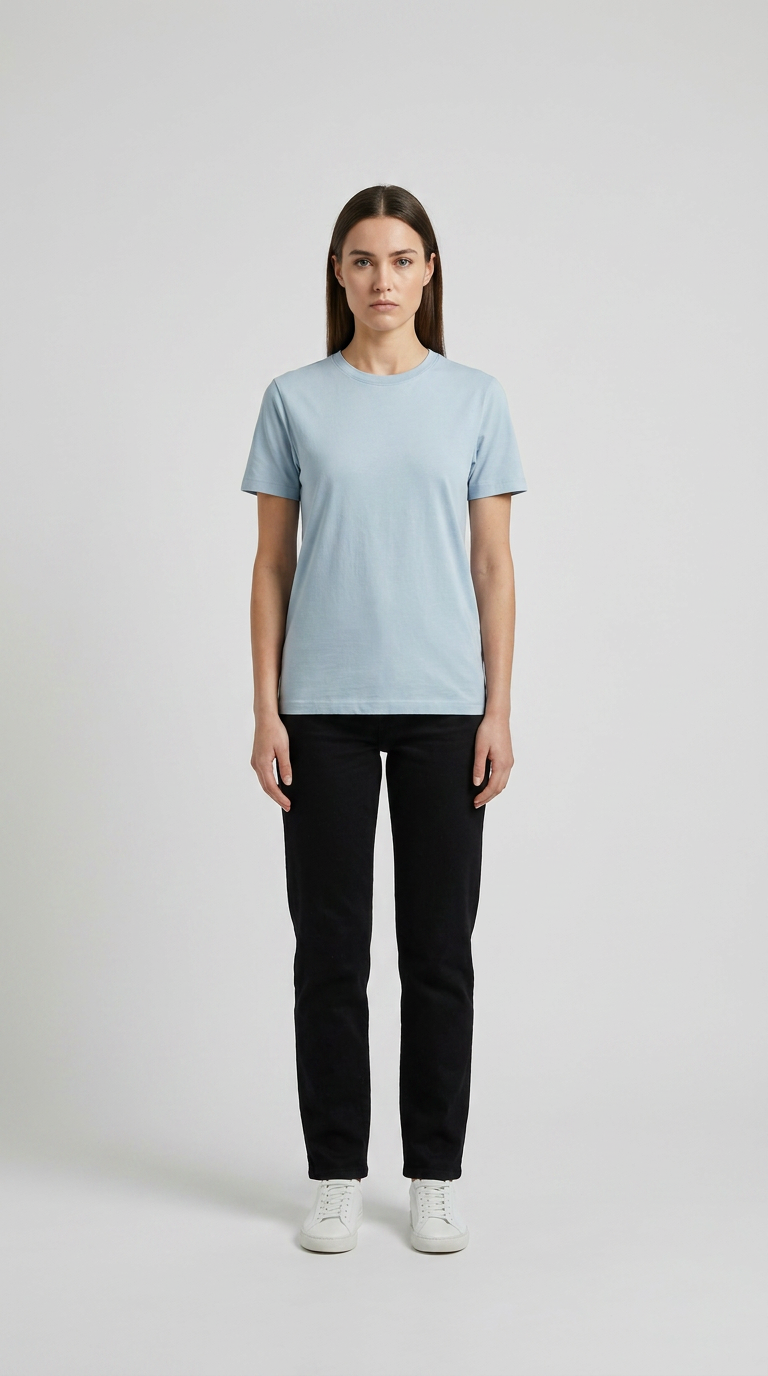 Kvinde iført lyseblå t-shirt, sorte bukser og hvide sneakers mod en neutral baggrund.
